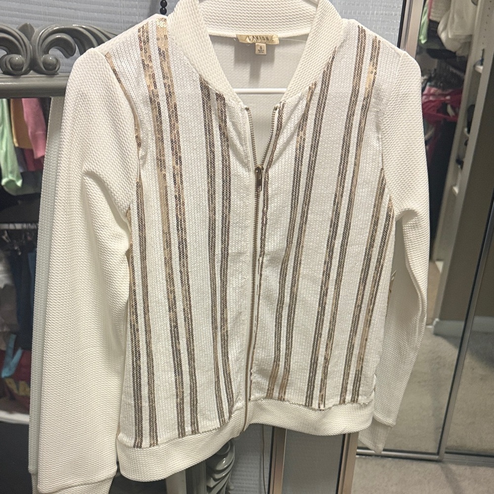 White and Gold Striped Women's Jacket Cardigan